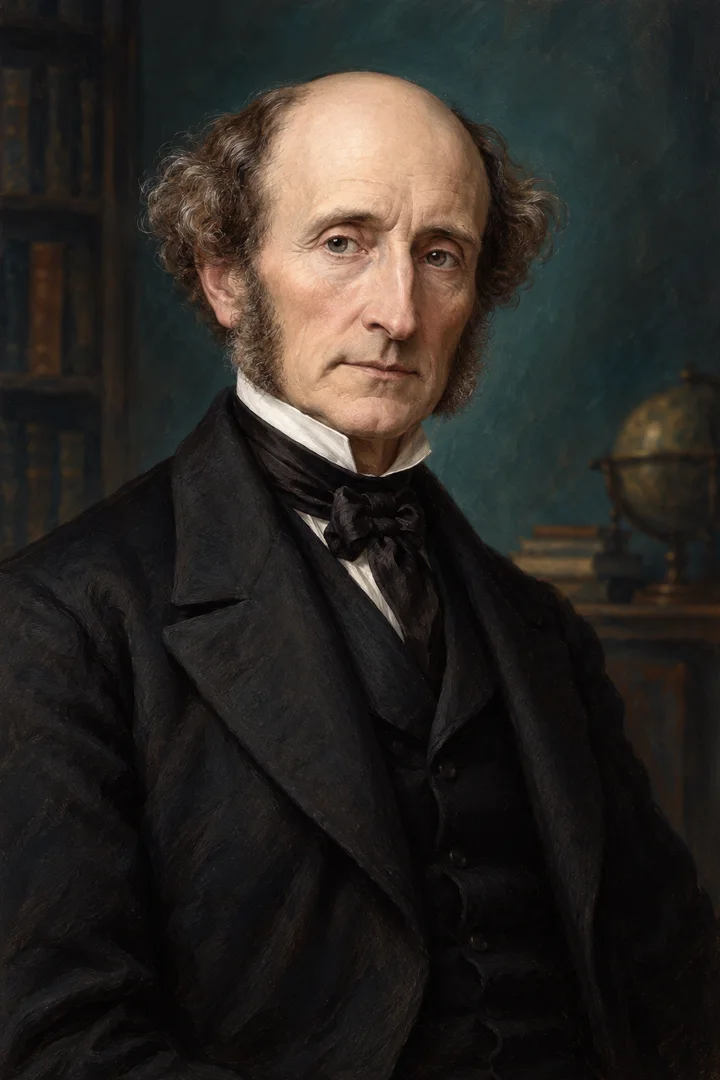 AI-generated editorial portrait illustration of John Stuart Mill.